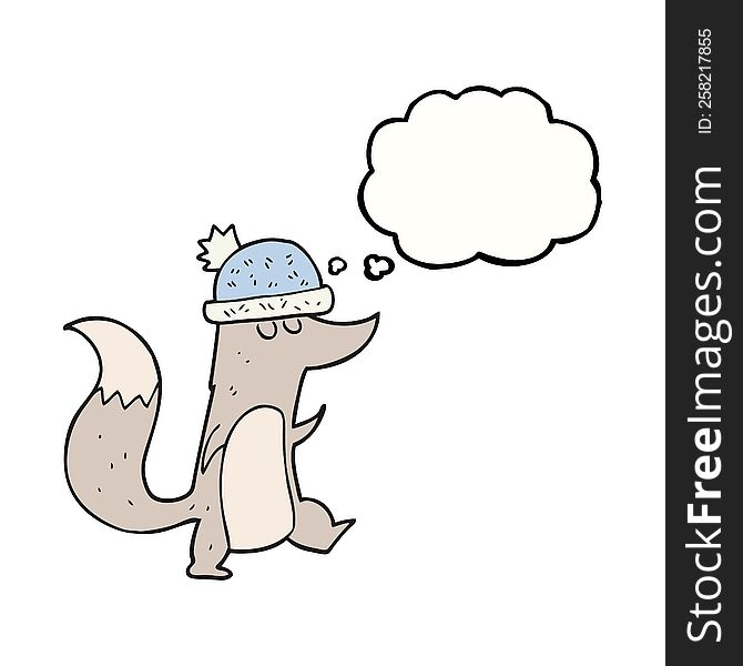 freehand drawn thought bubble cartoon little wolf wearing hat