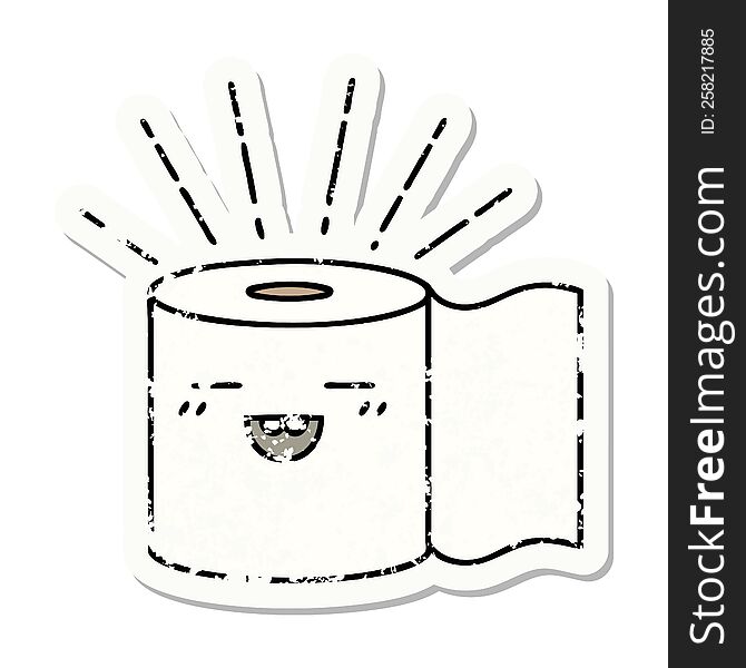 worn old sticker of a tattoo style toilet paper character. worn old sticker of a tattoo style toilet paper character