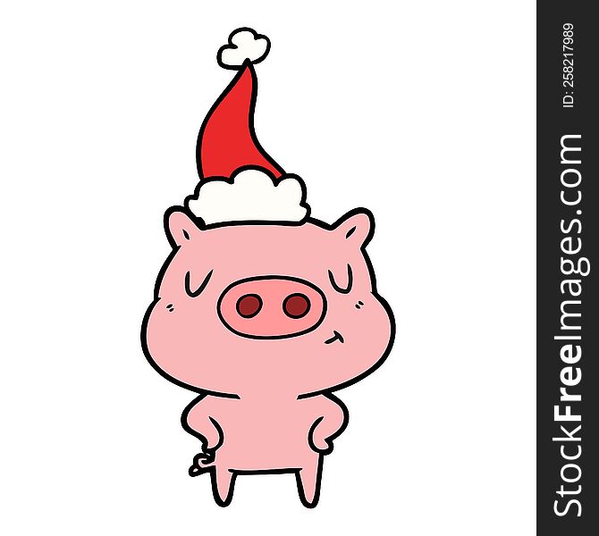 Line Drawing Of A Content Pig Wearing Santa Hat