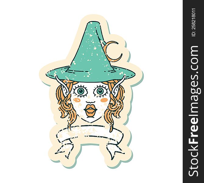 Retro Tattoo Style elf mage character face with banner. Retro Tattoo Style elf mage character face with banner
