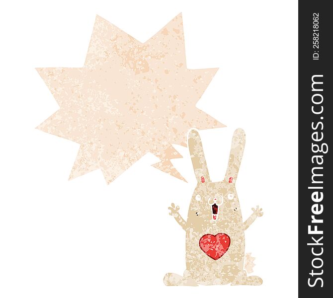 cartoon rabbit in love with speech bubble in grunge distressed retro textured style. cartoon rabbit in love with speech bubble in grunge distressed retro textured style