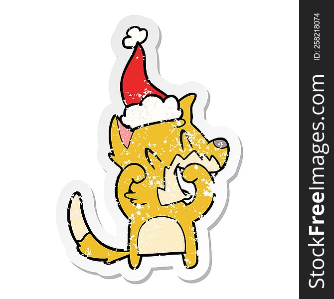 Laughing Fox Distressed Sticker Cartoon Of A Wearing Santa Hat