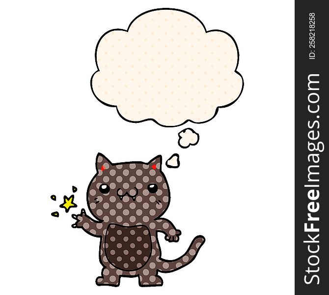 cartoon cat scratching with thought bubble in comic book style