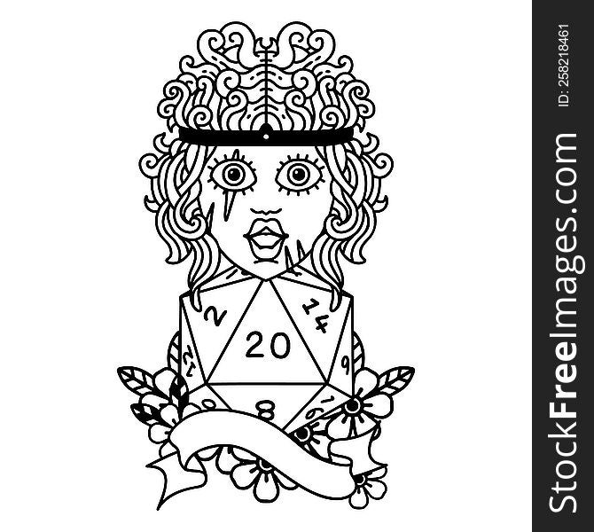Black and White Tattoo linework Style human barbarian with natural 20 dice roll. Black and White Tattoo linework Style human barbarian with natural 20 dice roll