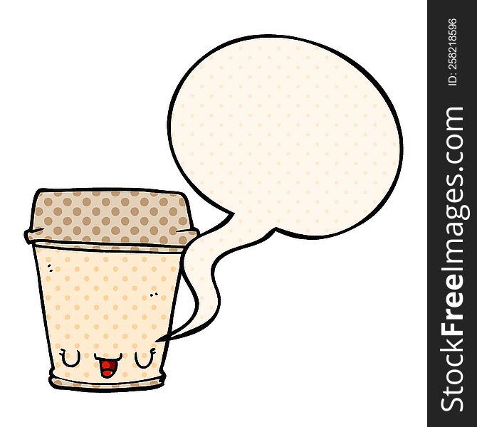 cartoon coffee cup with speech bubble in comic book style