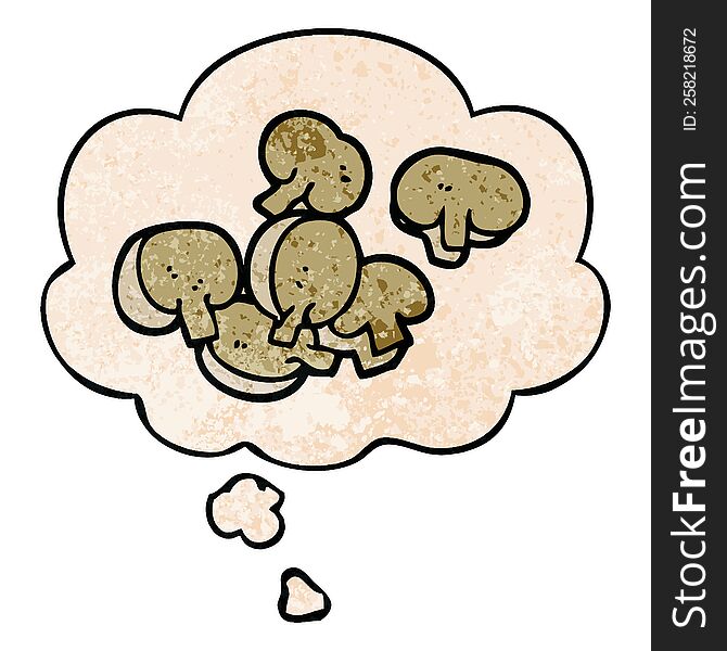 cartoon chopped mushrooms and thought bubble in grunge texture pattern style