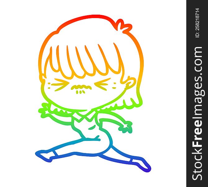 rainbow gradient line drawing cartoon woman jumping