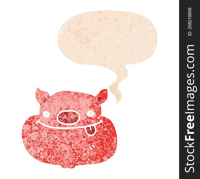 Cartoon Happy Pig Face And Speech Bubble In Retro Textured Style