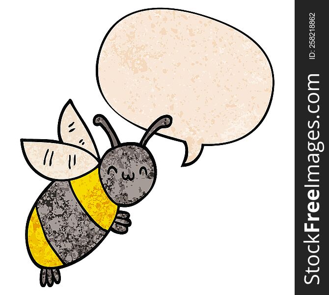 Cute Cartoon Bee And Speech Bubble In Retro Texture Style