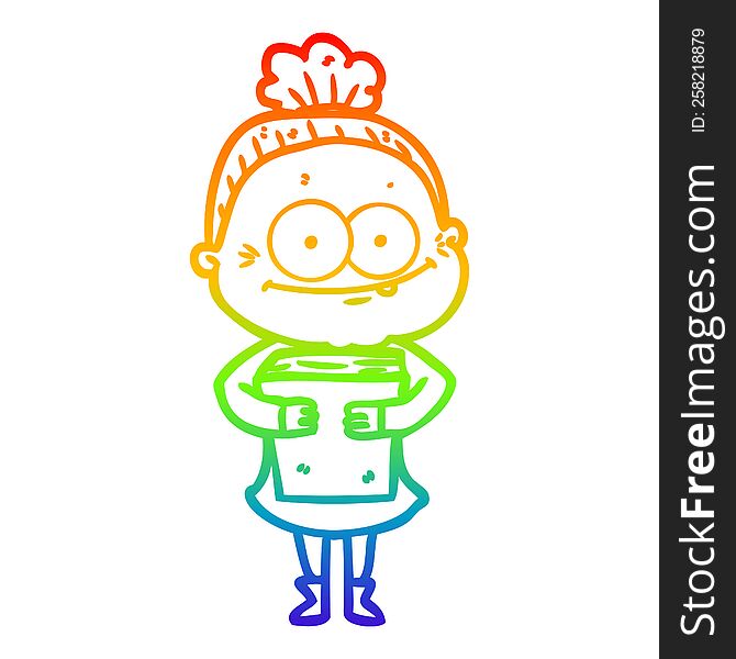 rainbow gradient line drawing of a cartoon happy old woman
