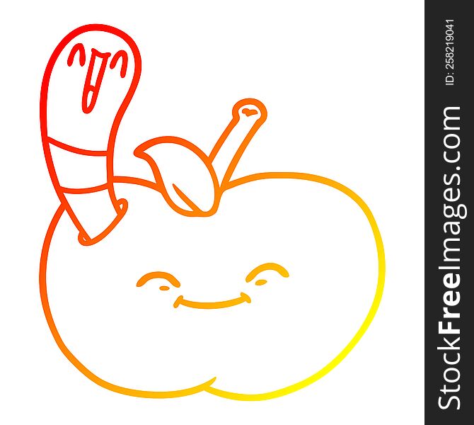 warm gradient line drawing of a cartoon happy worm in an apple
