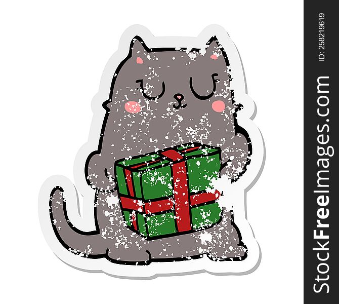 distressed sticker of a cartoon christmas cat