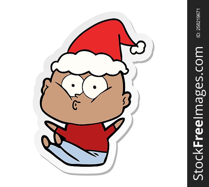Sticker Cartoon Of A Bald Man Staring Wearing Santa Hat