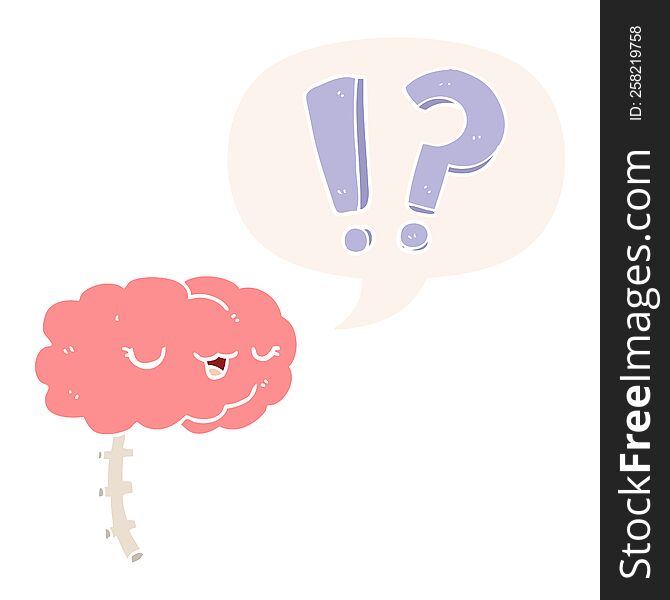 cartoon curious brain with speech bubble in retro style