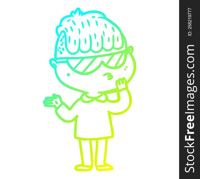 cold gradient line drawing of a cartoon boy wearing sunglasses