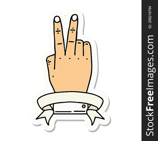 victory v hand gesture with banner sticker