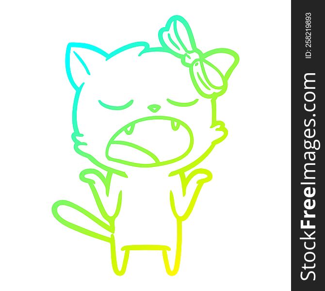 cold gradient line drawing of a cartoon yawning cat shrugging shoulders