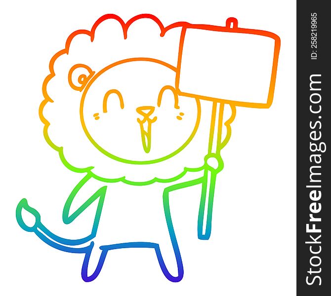 Rainbow Gradient Line Drawing Laughing Lion Cartoon With Placard