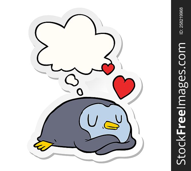cartoon penguin in love with thought bubble as a printed sticker