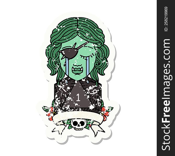grunge sticker of a crying orc rogue character with natural one roll. grunge sticker of a crying orc rogue character with natural one roll