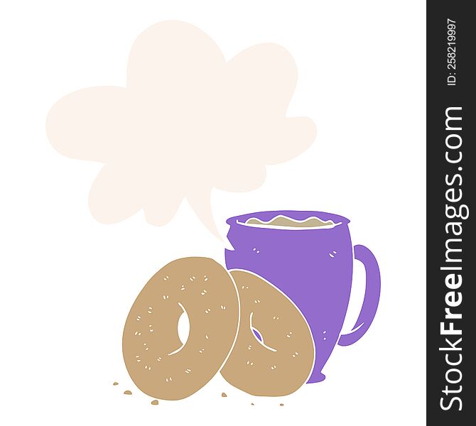 cartoon coffee and donuts with speech bubble in retro style