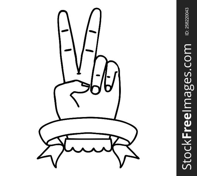 Black and White Tattoo linework Style peace two finger hand gesture with banner. Black and White Tattoo linework Style peace two finger hand gesture with banner