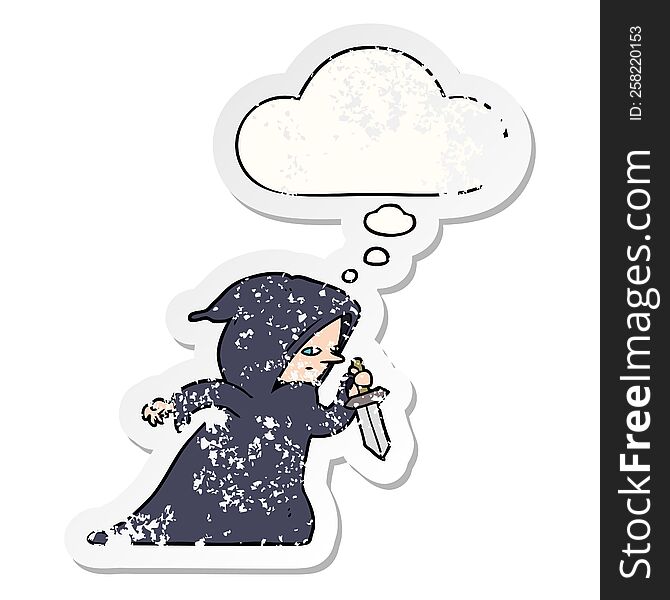 cartoon assassin with thought bubble as a distressed worn sticker
