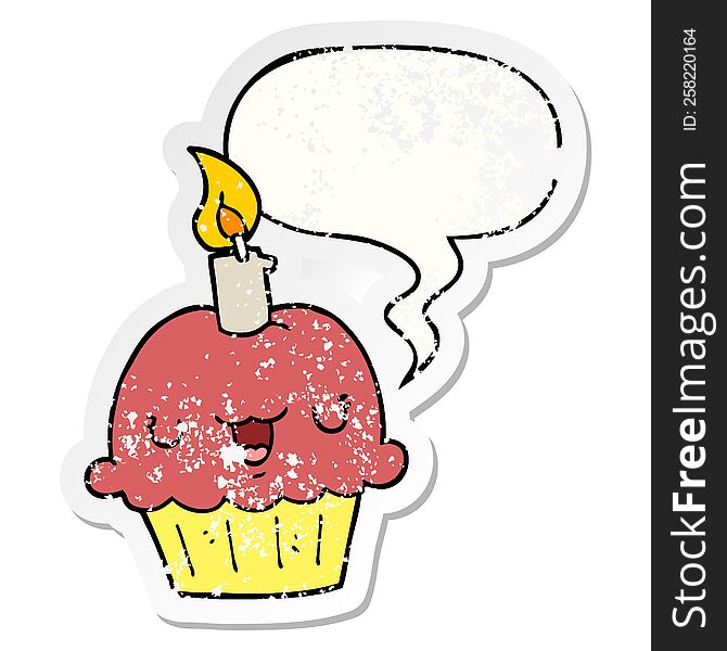 cartoon cupcake with speech bubble distressed distressed old sticker. cartoon cupcake with speech bubble distressed distressed old sticker