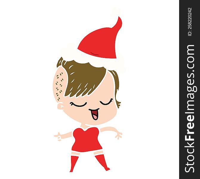 happy hand drawn flat color illustration of a girl wearing santa hat. happy hand drawn flat color illustration of a girl wearing santa hat