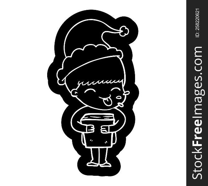 quirky cartoon icon of a boy wearing santa hat