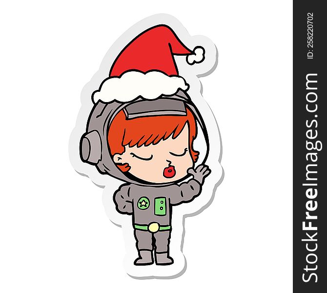 hand drawn sticker cartoon of a pretty astronaut girl wearing santa hat