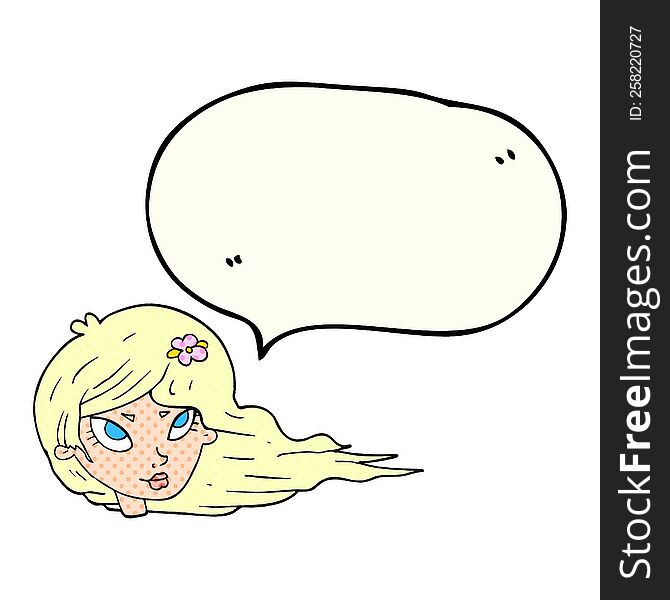 freehand drawn comic book speech bubble cartoon woman with blowing hair