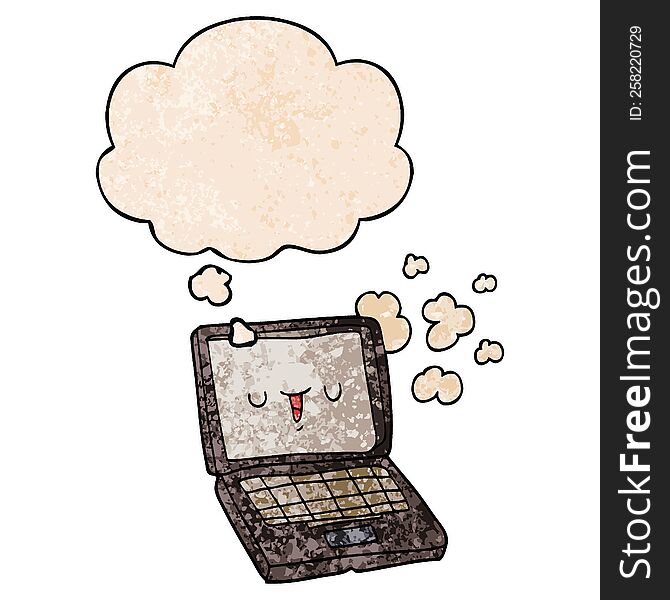 Cartoon Computer And Thought Bubble In Grunge Texture Pattern Style