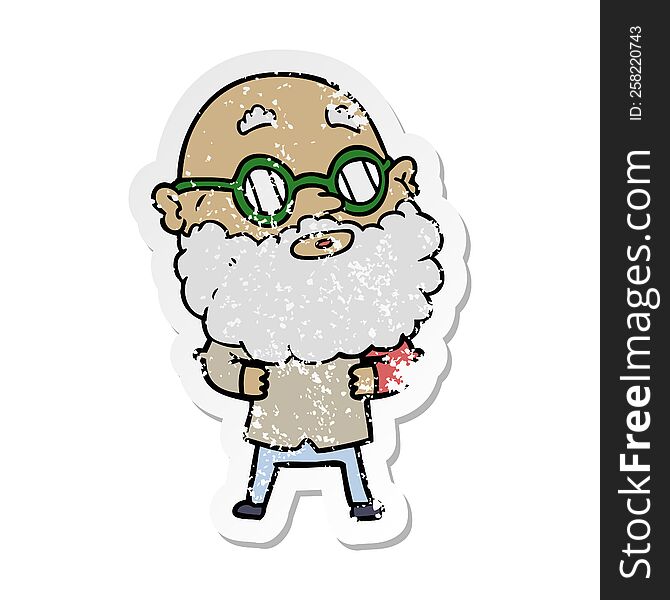 distressed sticker of a cartoon curious man with beard and glasses