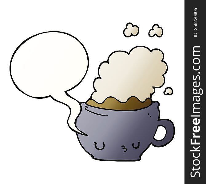 cute cartoon coffee cup with speech bubble in smooth gradient style