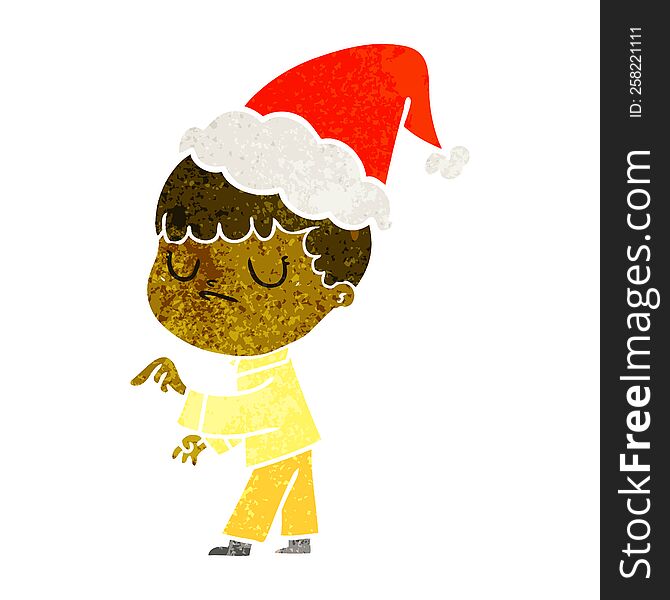 hand drawn retro cartoon of a grumpy boy wearing santa hat