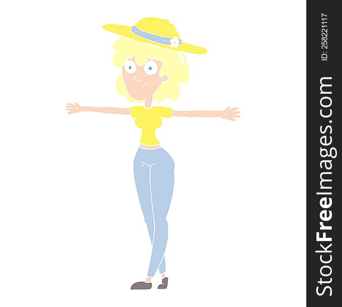 Flat Color Illustration Of A Cartoon Woman Spreading Arms