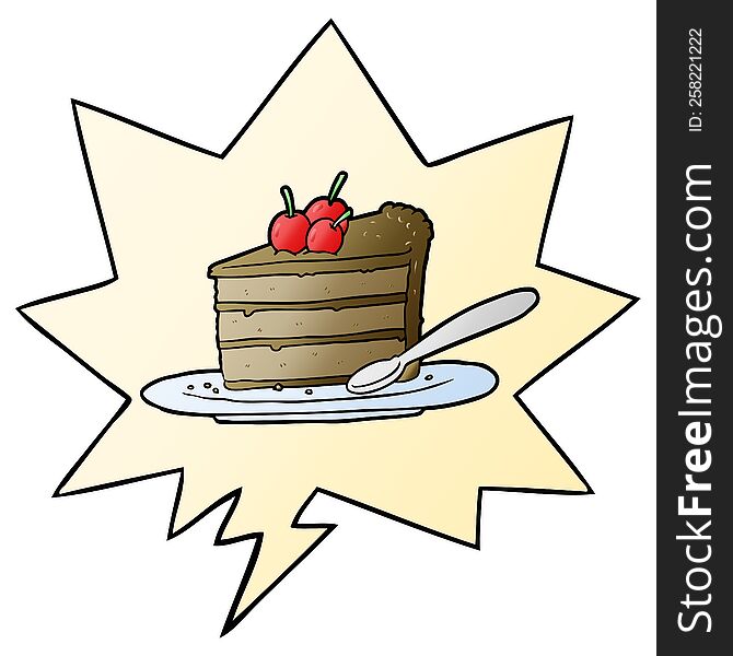 cartoon expensive slice of chocolate cake with speech bubble in smooth gradient style