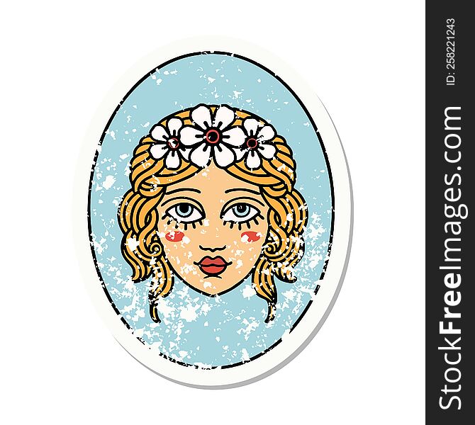 distressed sticker tattoo in traditional style of a maiden with flowers in her hair. distressed sticker tattoo in traditional style of a maiden with flowers in her hair