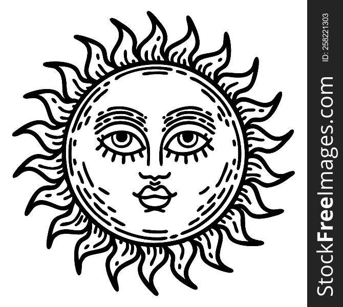 Black Line Tattoo Of A Sun With Face