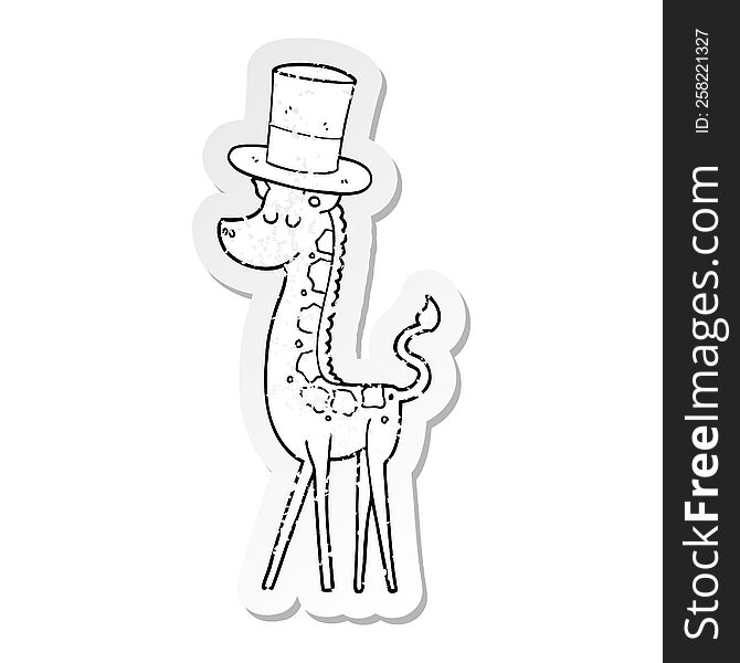distressed sticker of a cartoon giraffe in top hat