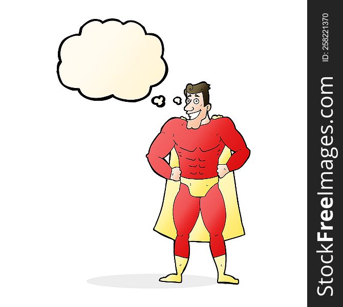 cartoon superhero with thought bubble
