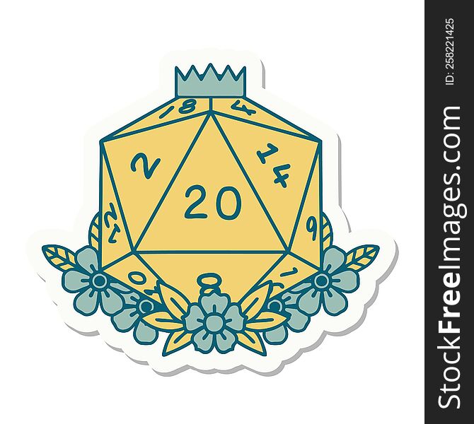 Natural 20 D20 Dice Roll With Floral Elements Sticker