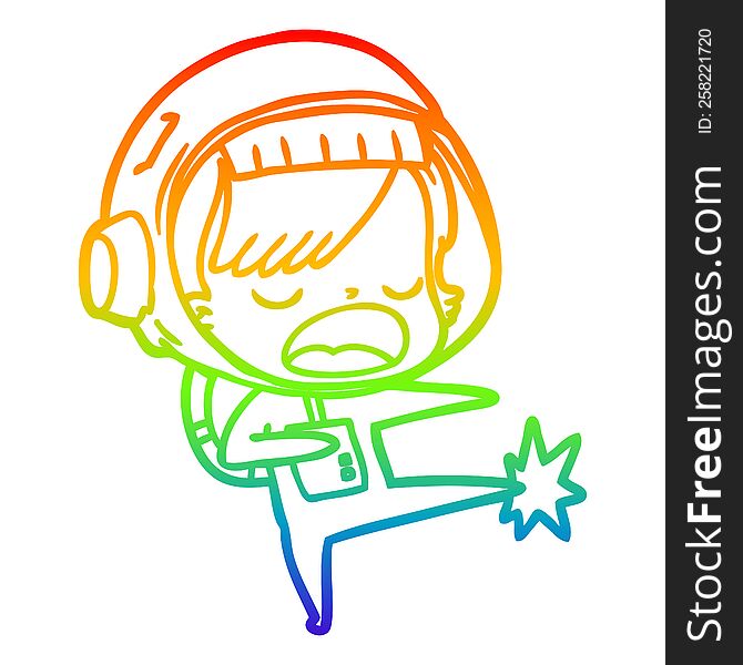 rainbow gradient line drawing of a cartoon astronaut woman kicking