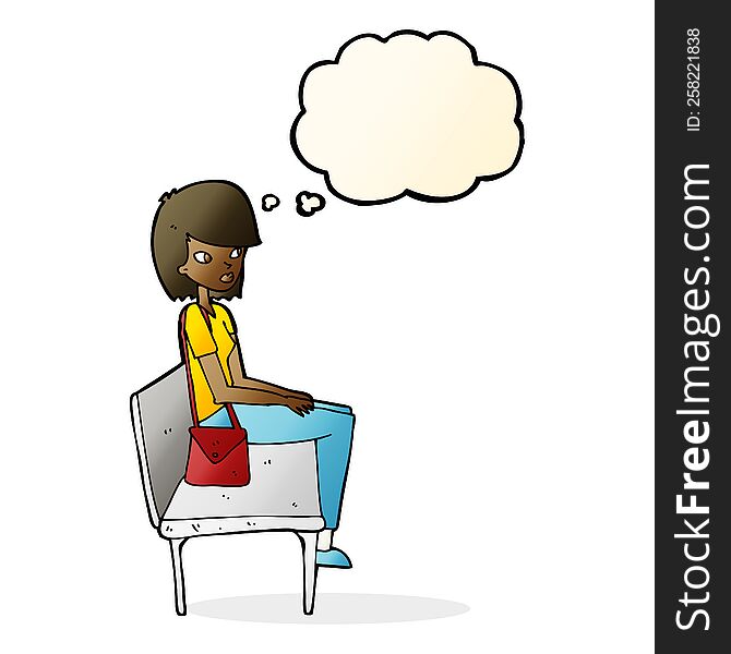 cartoon woman sitting on bench with thought bubble