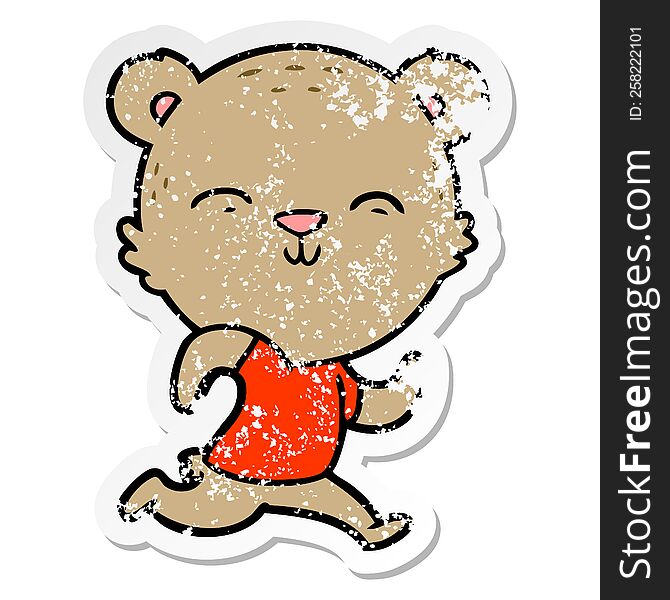 distressed sticker of a happy cartoon bear jogging