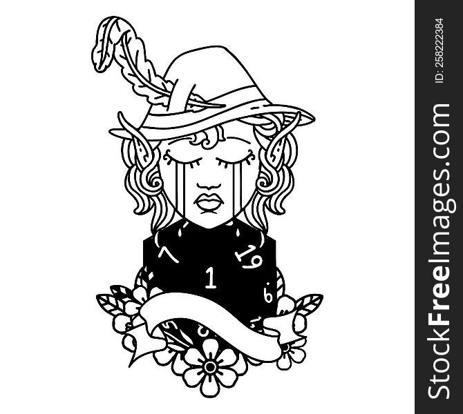Black and White Tattoo linework Style crying elf bard character face with natural one. Black and White Tattoo linework Style crying elf bard character face with natural one