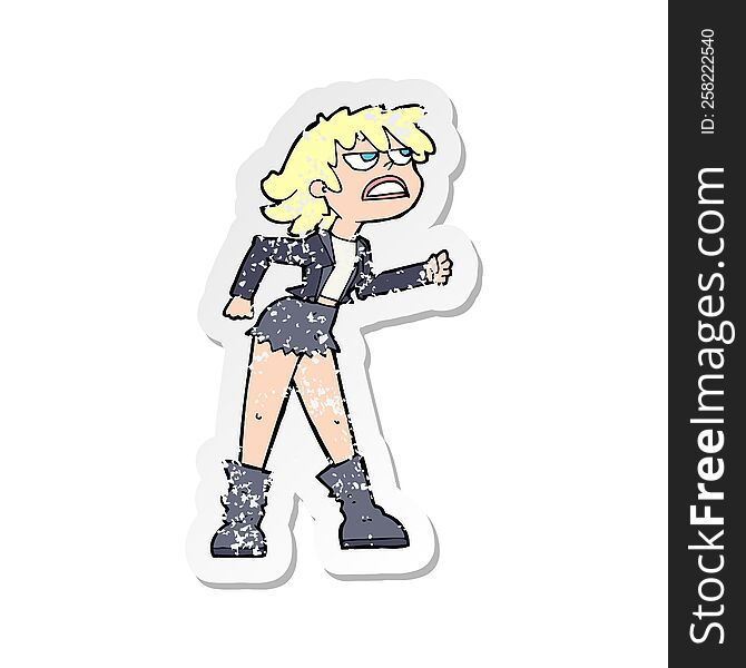 retro distressed sticker of a cartoon angry biker girl