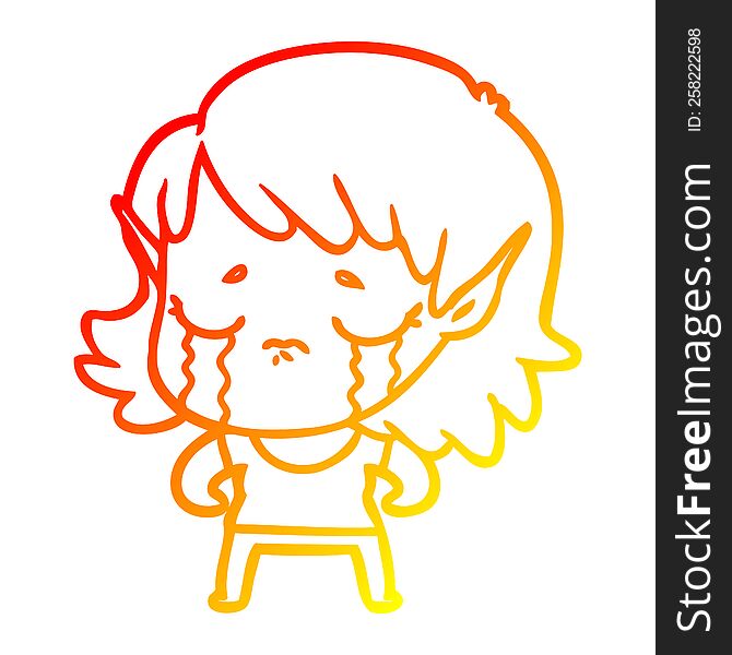 warm gradient line drawing of a cartoon crying elf girl