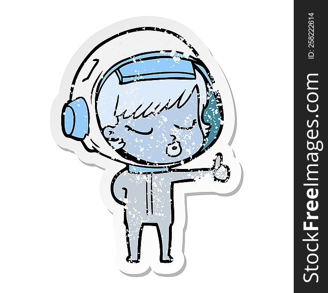distressed sticker of a cartoon pretty astronaut girl giving thumbs up
